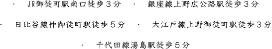 ・　JR御徒町駅南口徒歩３分　・　銀座線上野広公路駅徒歩３分  ・　日比谷線仲御徒町駅徒歩５分　・　大江戸線上野御徒町駅徒歩３分  ・　千代田線湯島駅徒歩５分