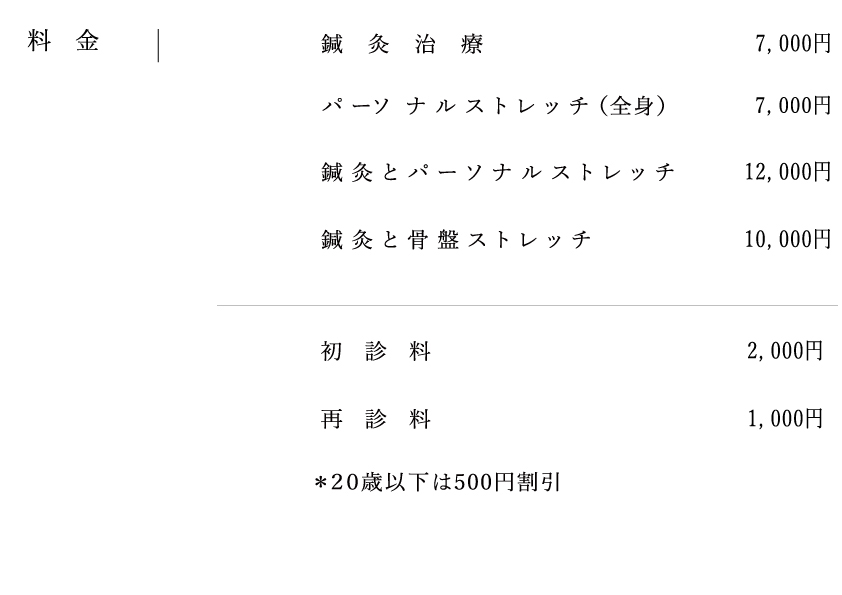 鍼灸料金　鍼灸治療6500円」、パーソナルストレッチ（全身）6500円　骨盤ストレッチ4000円　鍼灸とパーソナルストレッチ11000円　鍼灸と骨盤ストレッチ9000円　初診料2000円　再診料1000円　２０歳以下は500円割引　すべて税込み料金　往診料7500円　交通費23区1000円　その他は別途いただきます